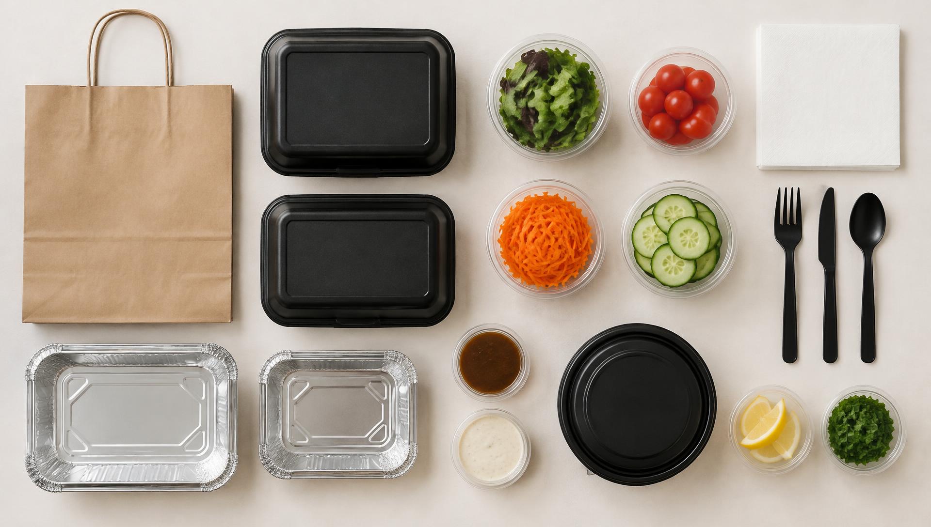 Containers, cups, foil pans, cutlery, napkins and a bag arranged in a grid