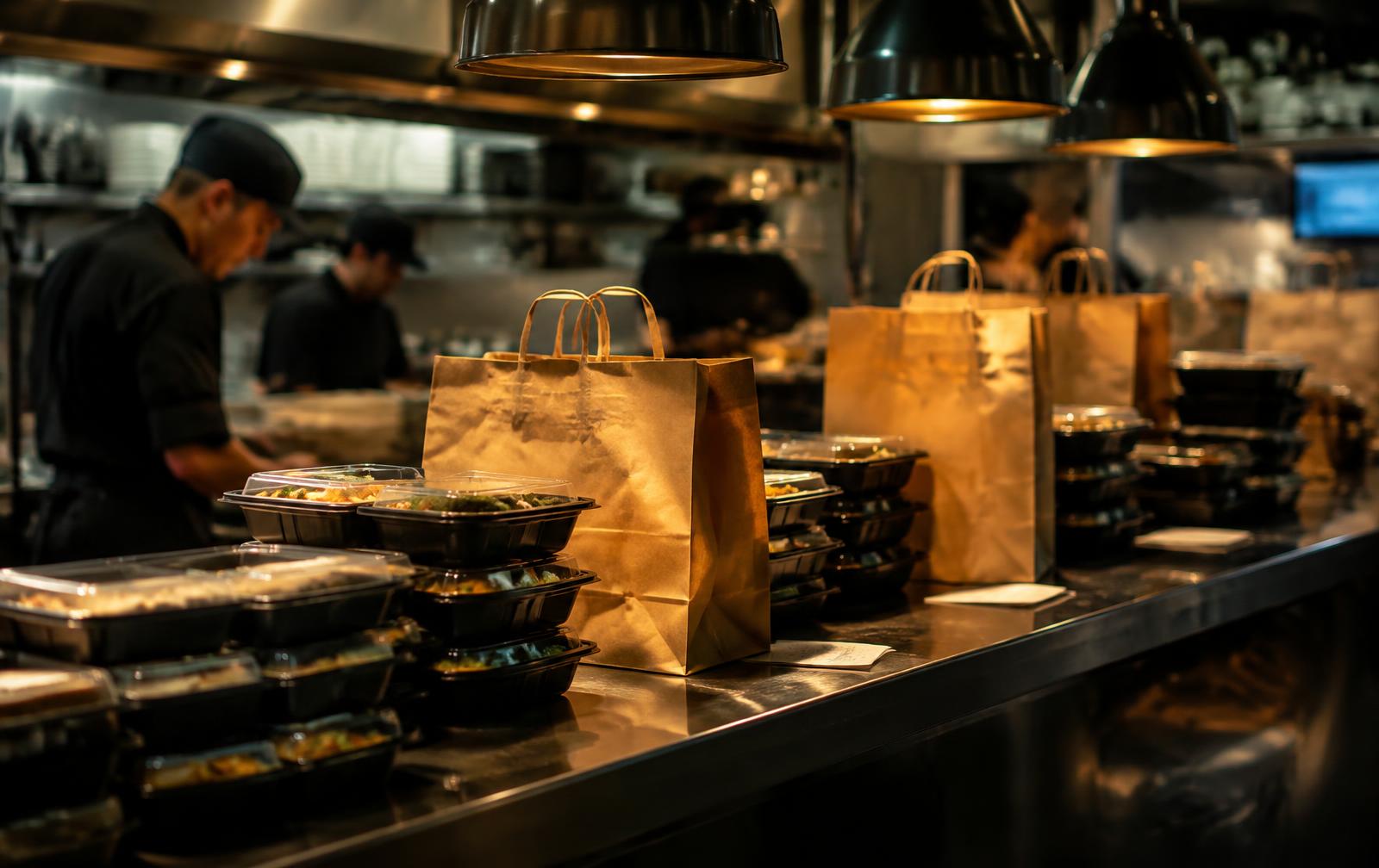 Takeout orders packed and waiting at a restaurant pass